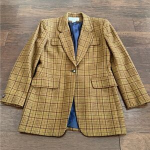 Vintage Jones New York Women's 100% Wool Plaid Blazer Jacket Size 4 Brown Blue